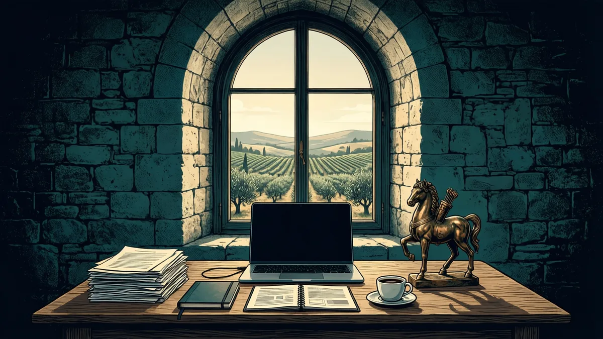 A quiet study in an old stone building. A tall arched window looks out over rows of olive trees and green hills, and the desk beneath it holds an open laptop, stacked documents, a notebook, a cup of coffee, and a small bronze horse statuette.