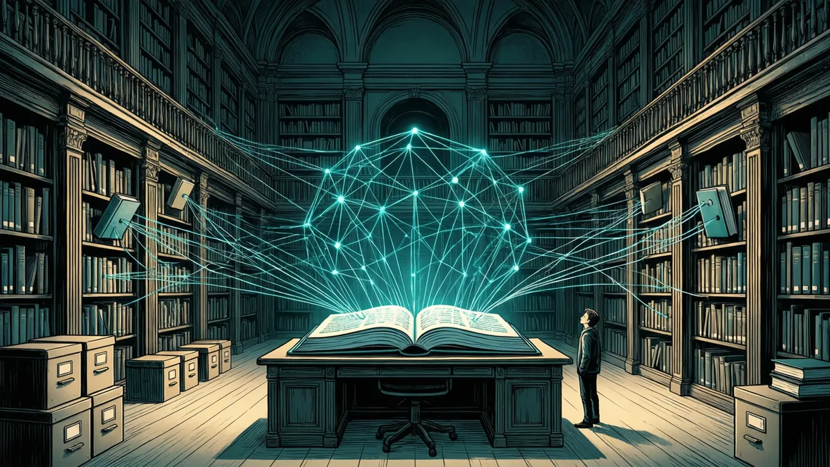 A vast library hall lined with tall bookshelves and archive boxes. At its center, a glowing teal network of linked points rises from an open book on a reading desk, with threads reaching out to books on the shelves, while a lone reader stands looking up at it.