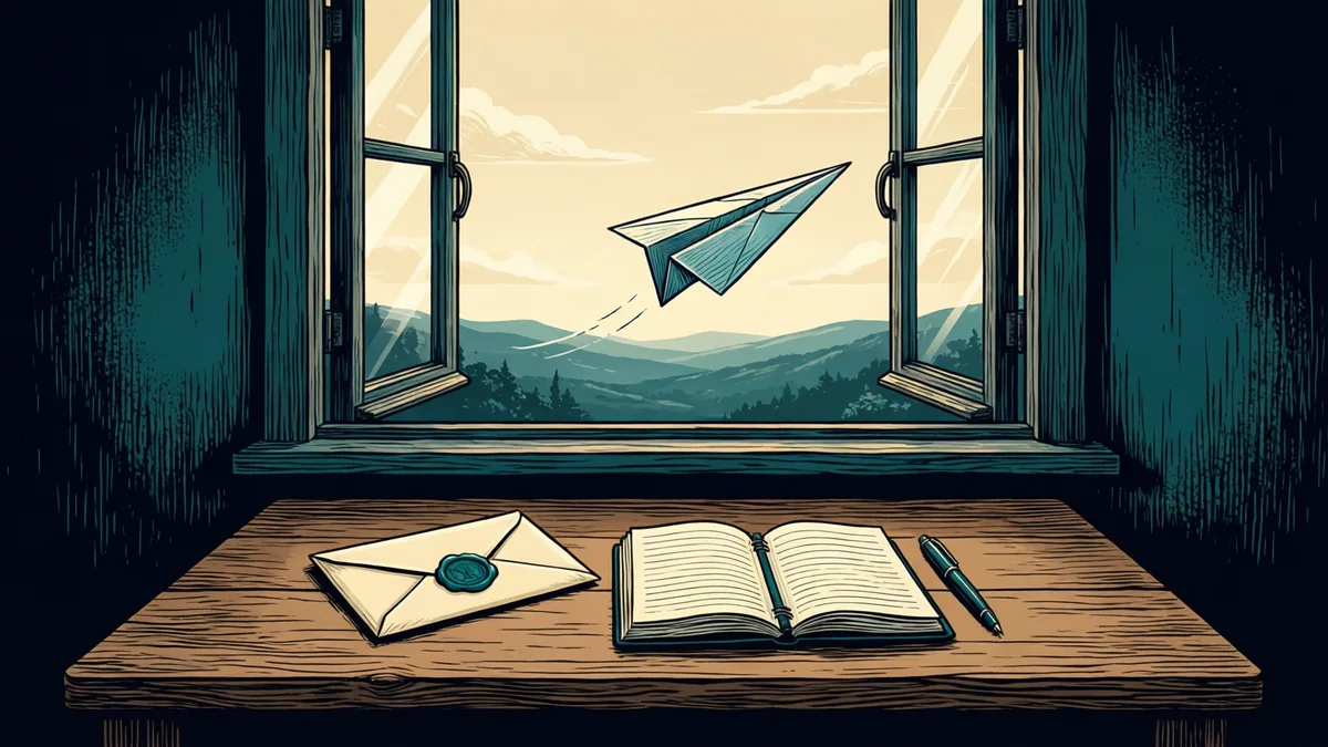 An open window looks out over distant blue hills as a folded paper airplane glides out into the sky. On the wooden desk below rest a cream envelope sealed with teal wax, an open notebook, and a pen.