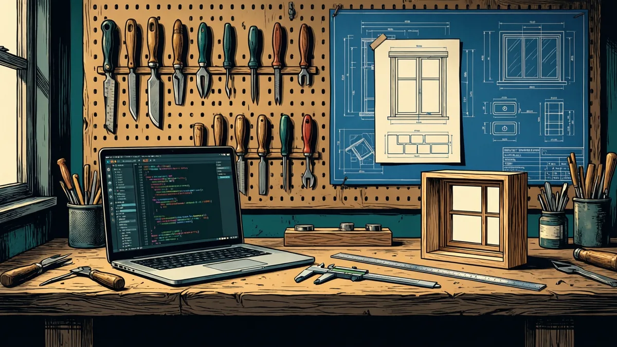 A craftsman's workshop with a pegboard of neatly hung tools and blueprints of application windows on the wall. On the bench sit an open laptop showing code, calipers, a ruler, pots of pencils, and a small wooden model of a window frame.