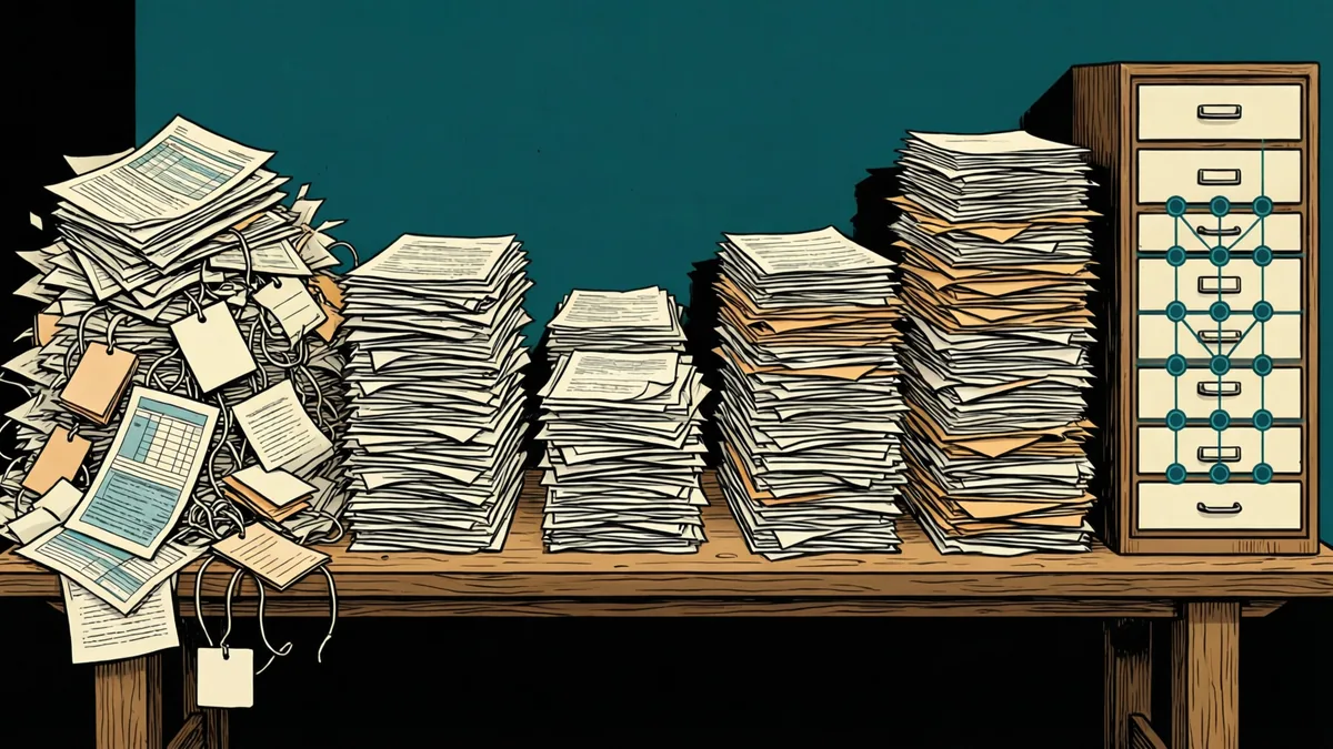 A long wooden workbench seen from the front: a tangled heap of papers and tagged cards at one end, tidy sorted stacks along the middle, and at the other end a cabinet of labeled drawers marked with a grid of connected teal points.