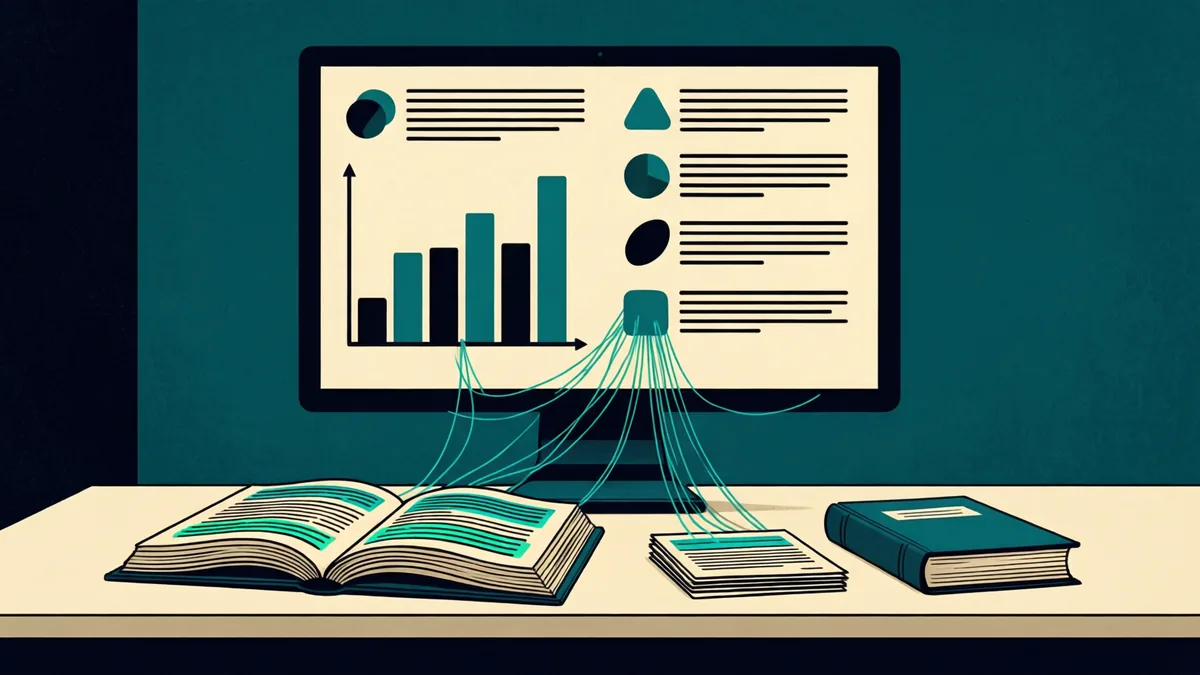 A monitor shows a slide with a bar chart and bullet points, and thin teal threads run down from the slide to highlighted lines in an open source book on the desk below, beside a stack of printed pages and a closed book.