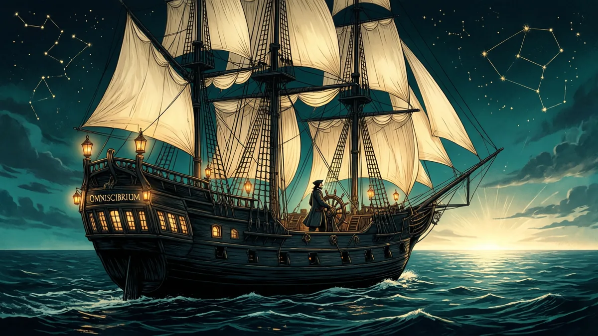 A great three-masted galleon with a black hull sails across a dark teal sea at dusk, the cream sails full of wind and lanterns glowing along the rails. The name Omniscibrium is lettered in gold on the stern, a lone captain in a long coat stands at the ship's wheel, and gold constellations shine above a bright sunrise on the horizon.