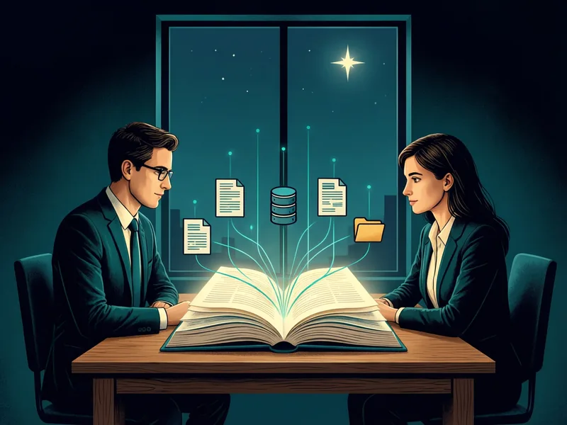 A consultant and a client sit across a wooden table in a dim room, looking together at a large open book whose pages glow. Small icons of documents, a database, and a folder float above the book, linked to it by thin teal lines, and a tall window behind them shows a night sky with one bright star.