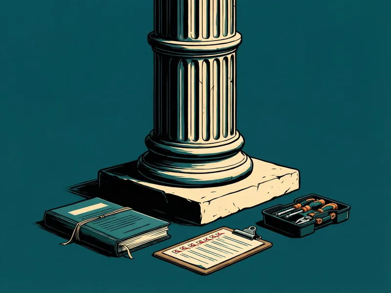 A sturdy fluted stone column rises from a solid base against a teal background. At its foot lie a bound manual, a clipboard with a checklist, and an open toolbox, suggesting software that is documented, tested, and maintained.