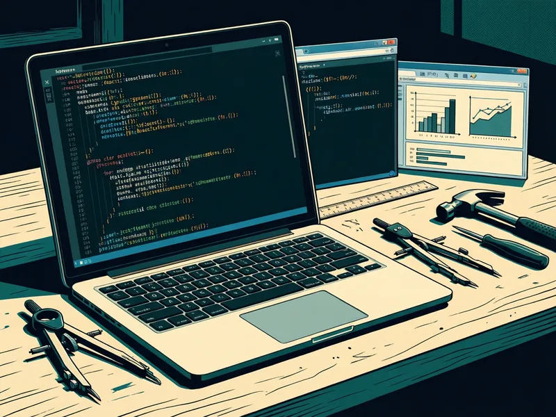 An open laptop on a workbench shows lines of code, with a second screen of charts behind it. Beside the laptop lie a hammer, compasses, screwdrivers, and other precise hand tools, suggesting software built with a craftsman's care.