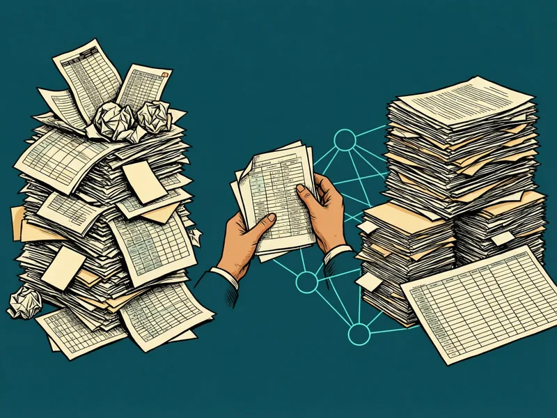 On the left, a messy heap of crumpled papers and mismatched spreadsheets; in the middle, a pair of hands sorts a handful of pages; on the right, the same material in neat stacks and clean tables, joined by teal lines into a small network of connected circles.