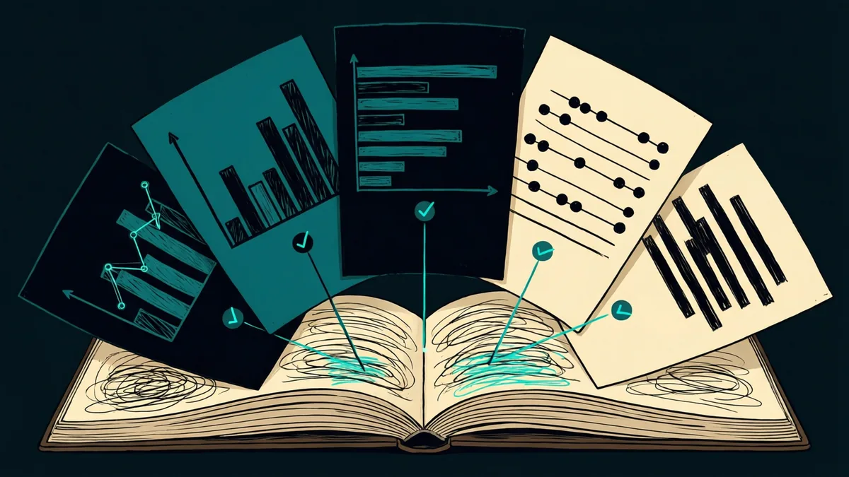 Presentation slides with bar charts, timelines, and bullet points fan out above an open notebook. Teal lines run from check marks on the slides down to highlighted lines in the notebook, showing each slide tied back to its source.