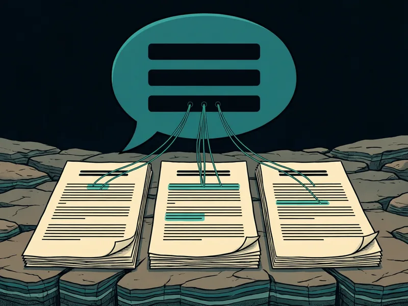 A teal speech bubble filled with lines of text floats above three open documents resting on stone, with thin threads running from the bubble down to highlighted lines in each document, showing an answer traced back to its sources.