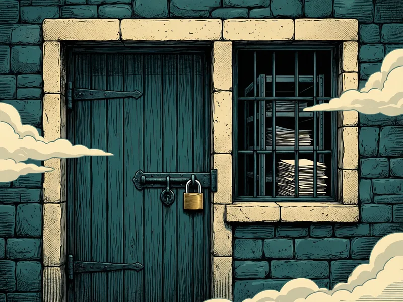 A heavy wooden door with a padlock is set in a thick stone wall beside a barred window, through which neat stacks of documents can be seen, while clouds drift past outside. The records stay safely inside.