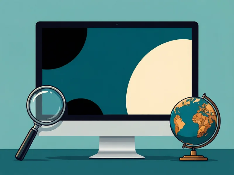 A large unbranded monitor shows a slide made of bold, high-contrast shapes in teal, black, and cream. A magnifying glass leans against the monitor on one side and a desk globe stands on the other, suggesting readable text and many languages.