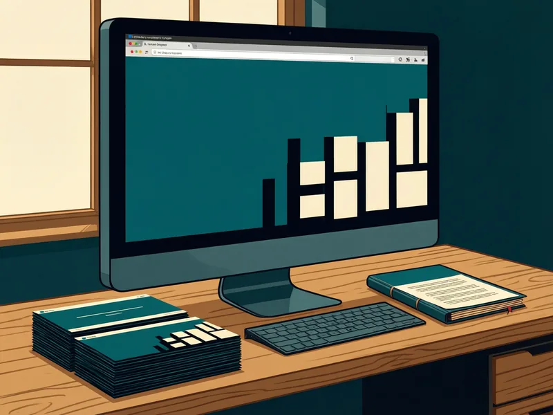 A desktop computer on a wooden workbench shows a slide with a rising bar chart. In front of it sit a keyboard, a stack of finished printed slides, and a bound document, with a window letting in daylight behind.