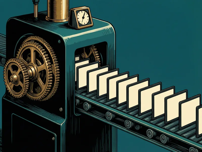 A brass and teal machine with large interlocking gears and a small dial on top turns out a row of identical blank slide frames that travel in perfect order along a conveyor belt.