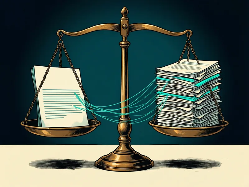 A brass balance scale weighs a single printed slide on one pan against a stack of source documents on the other. Teal threads run from highlighted lines in the documents to the slide, showing each claim weighed against its evidence.