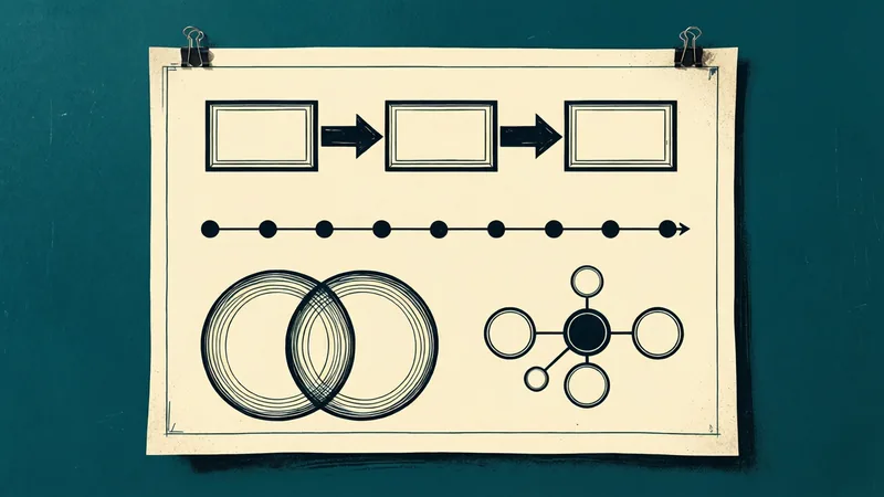 A sheet of cream drafting paper clipped to a teal wall shows four clean diagrams: three boxes joined by arrows, a timeline of evenly spaced dots ending in an arrow, two overlapping circles, and a dark hub circle with spokes out to five smaller circles.