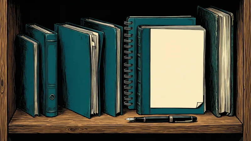 A wooden shelf holds a row of teal bound documents of different sizes: slim binders, a ring binder, a spiral-bound notebook with a blank cream cover, and a thick hardcover book at the end. A black fountain pen lies on the shelf in front of them.