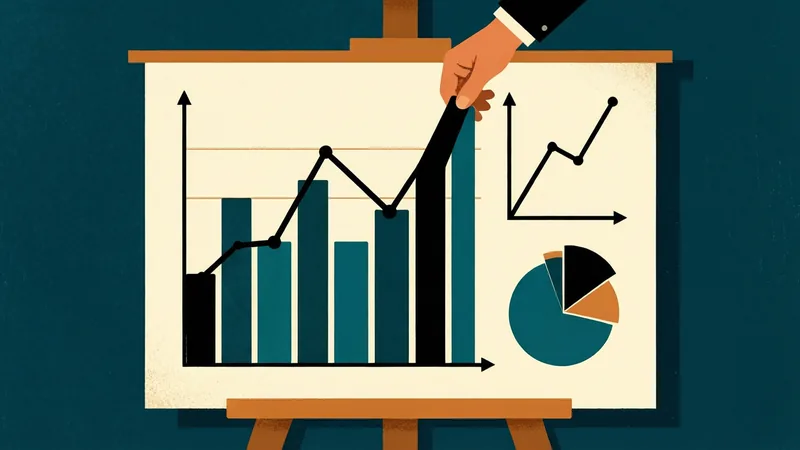 A chart on a wooden easel combines teal and black columns with a zigzag line rising across them, beside a small line chart and a teal, black, and orange pie chart. A hand in a dark suit sleeve reaches down and drags the tallest column higher, editing the chart in place.
