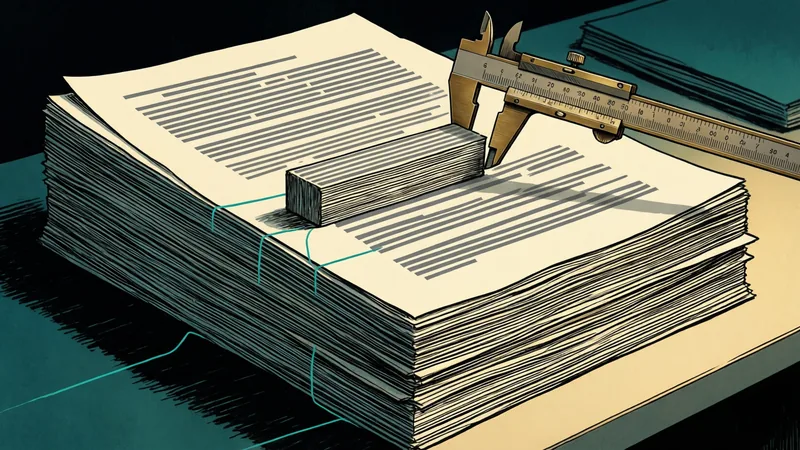A thick stack of paper lies on a desk, the top page covered in grey lines of text. A brass caliper measures a small block resting on the top page against the height of the whole stack, and thin teal threads bind the stack together.