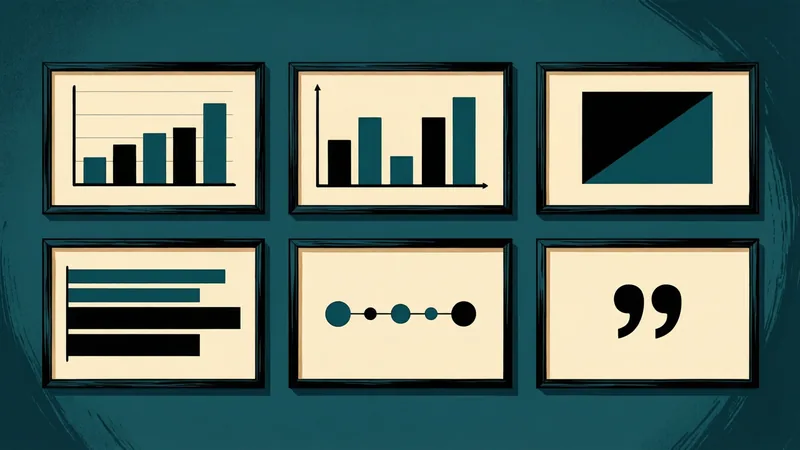 Six framed slides hang in two rows on a teal wall, each laid out differently: two different bar charts, a block split diagonally into black and teal, a horizontal bar chart, a timeline of dots joined by a line, and a large quotation mark.