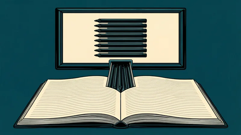 A slide frame holds a short, neat column of eight dark bullet bars. Below the frame, a chute carries the extra bars down into an open notebook of ruled pages, so the overflow is kept for the speaker notes rather than lost.