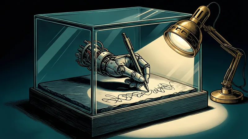 A mechanical hand holding a pen writes looping lines on a slate inside a sealed glass box with no doors, cables, or openings. A brass desk lamp outside the box shines in on the slate, lighting each line as it is written.
