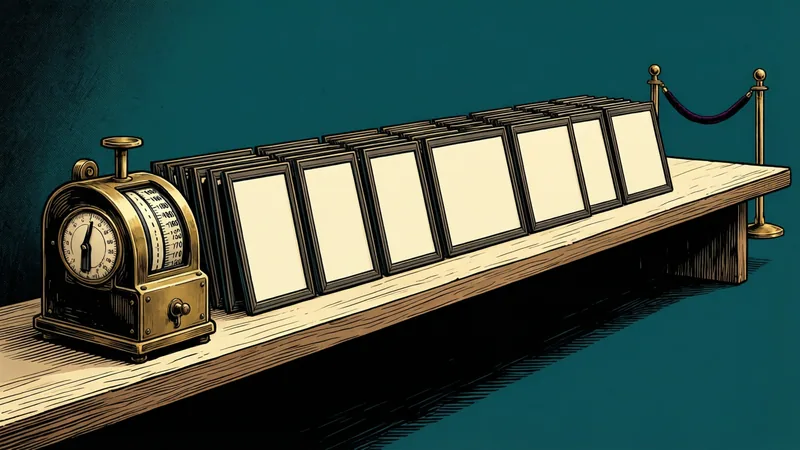 A long wooden shelf holds a row of identical blank slide frames lined up in perfect order. A brass mechanical counter with a dial and number wheels stands at the near end, and a velvet rope hung between brass posts closes off the far end so no more frames can join.