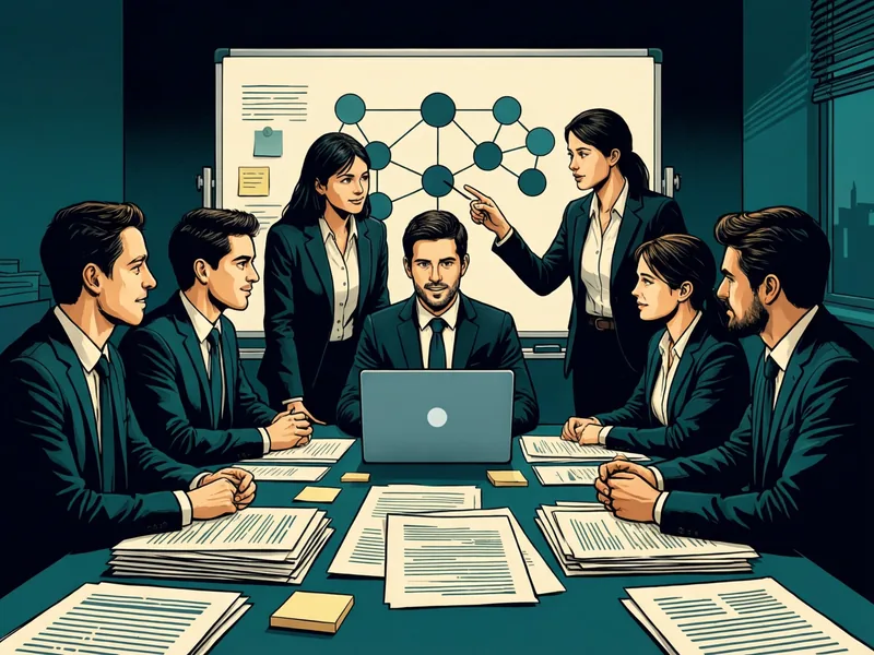 A team of colleagues in dark suits sits around a long table strewn with documents, sticky notes, and a laptop, while one consultant stands at a whiteboard behind them and points to a diagram of connected teal circles.