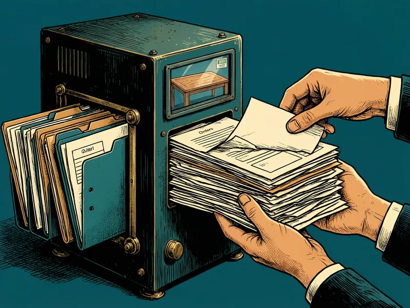A pair of hands feeds a messy stack of paper forms into the slot of an old brass and teal sorting machine, while neat, labeled folders stand in a rack on its other side and a small window on top shows the work inside.