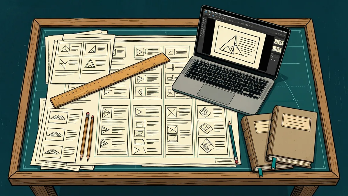 A drafting table seen from above, covered with hand-sketched slide layouts on paper, a wooden ruler, pencils, an open laptop showing a slide editor, and two plain clothbound books with teal ribbon bookmarks.